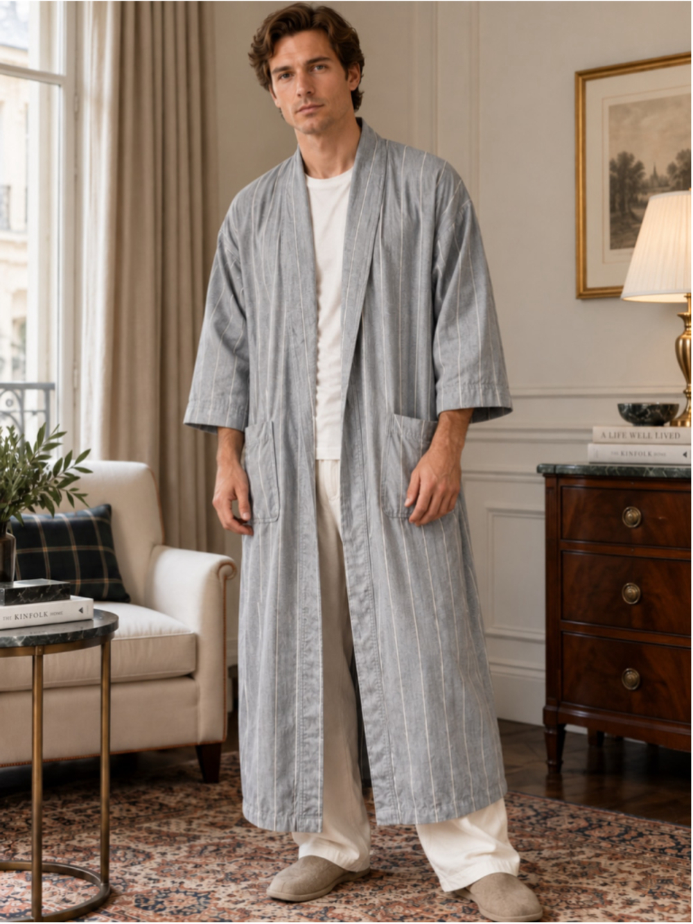Christian Dior Monsieur Robe Men’s OS Cotton Pinstripe Preppy Old Money Blue